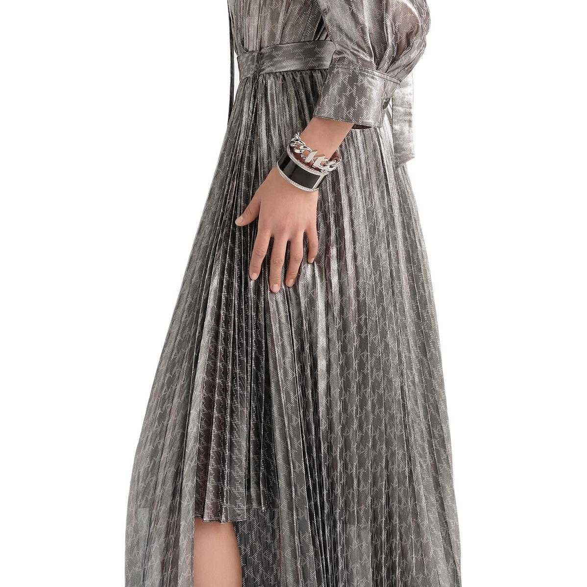 Details for (Women) KARL LAGERFELD  Silver Printed V-Neck Cinched Waist Midi Dress 231L1383