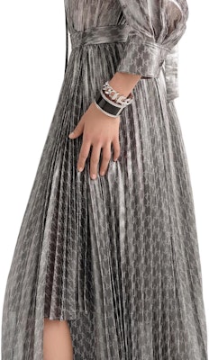 (Women) KARL LAGERFELD Silver Printed V-Neck Cinched Waist Midi Dress 231L1383 Details for (Women) KARL LAGERFELD Silver Printed V-Neck Cinched Waist Midi Dress 231L1383