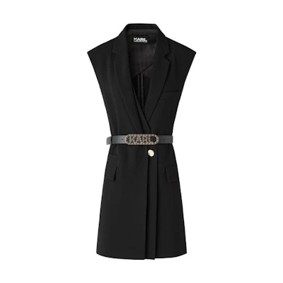 (Women) KARL LAGERFELD Sleeveless Black Tie-Waist Vest with Suit Collar 221L1415