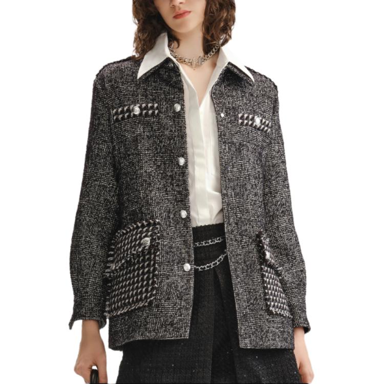 Shop (W) 卡尔拉格斐修身剪裁长袖黑白斜纹软呢夹克 236L1421