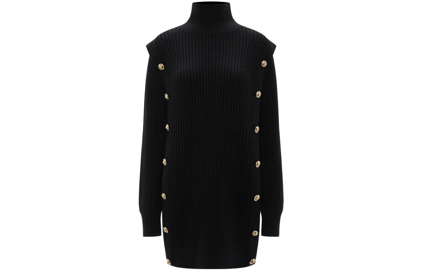 (Women) KARL LAGERFELD  Solid Black Long Sleeve Button-Up Dress 226L1324