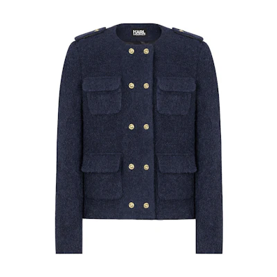 (Women) KARL LAGERFELD Solid Double-Breasted Navy Jacket. E37W1550