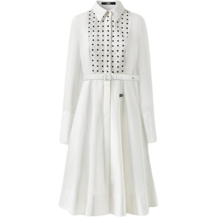 (Women) KARL LAGERFELD  SS24 White Long-Sleeve A-Line Dress with Cutout Details. 241L1203