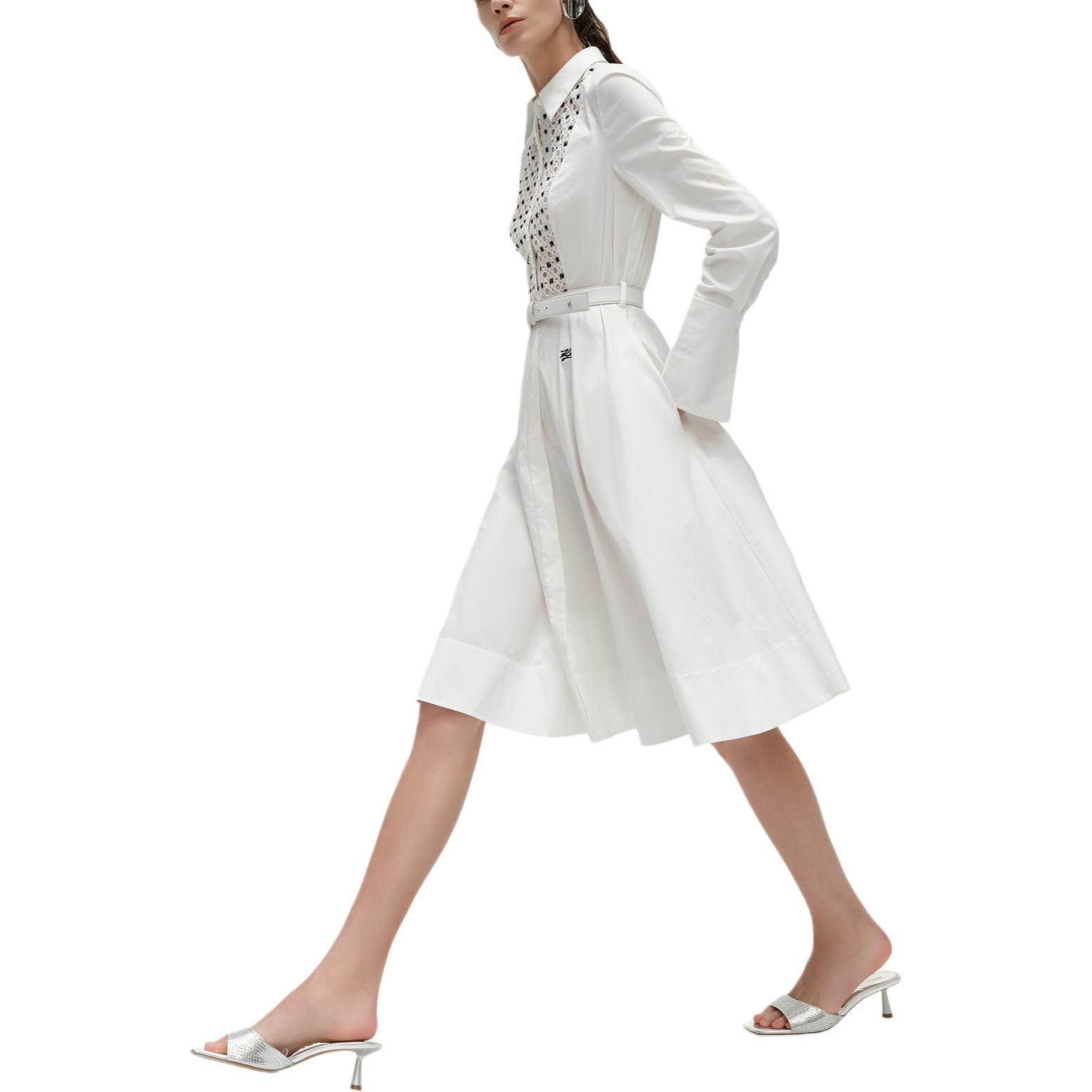 Details for (W) カールラガーフェルド SS24 ホワイトカットアウトディテール Aライン長袖ドレス. 241L1203