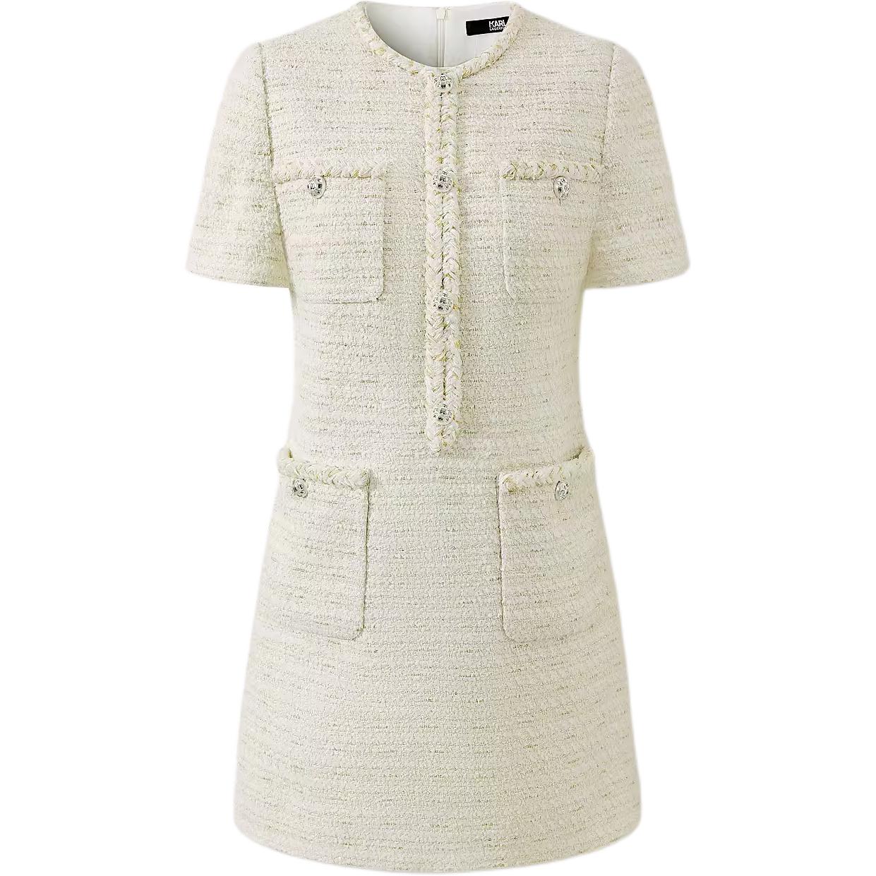 (Women) KARL LAGERFELD  SS24 White Tweed A-Line Midi Dress Short Sleeve Casual 241L1315