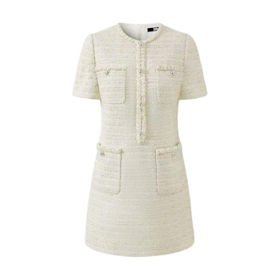 (Women) KARL LAGERFELD SS24 White Tweed A-Line Midi Dress Short Sleeve Casual 241L1315