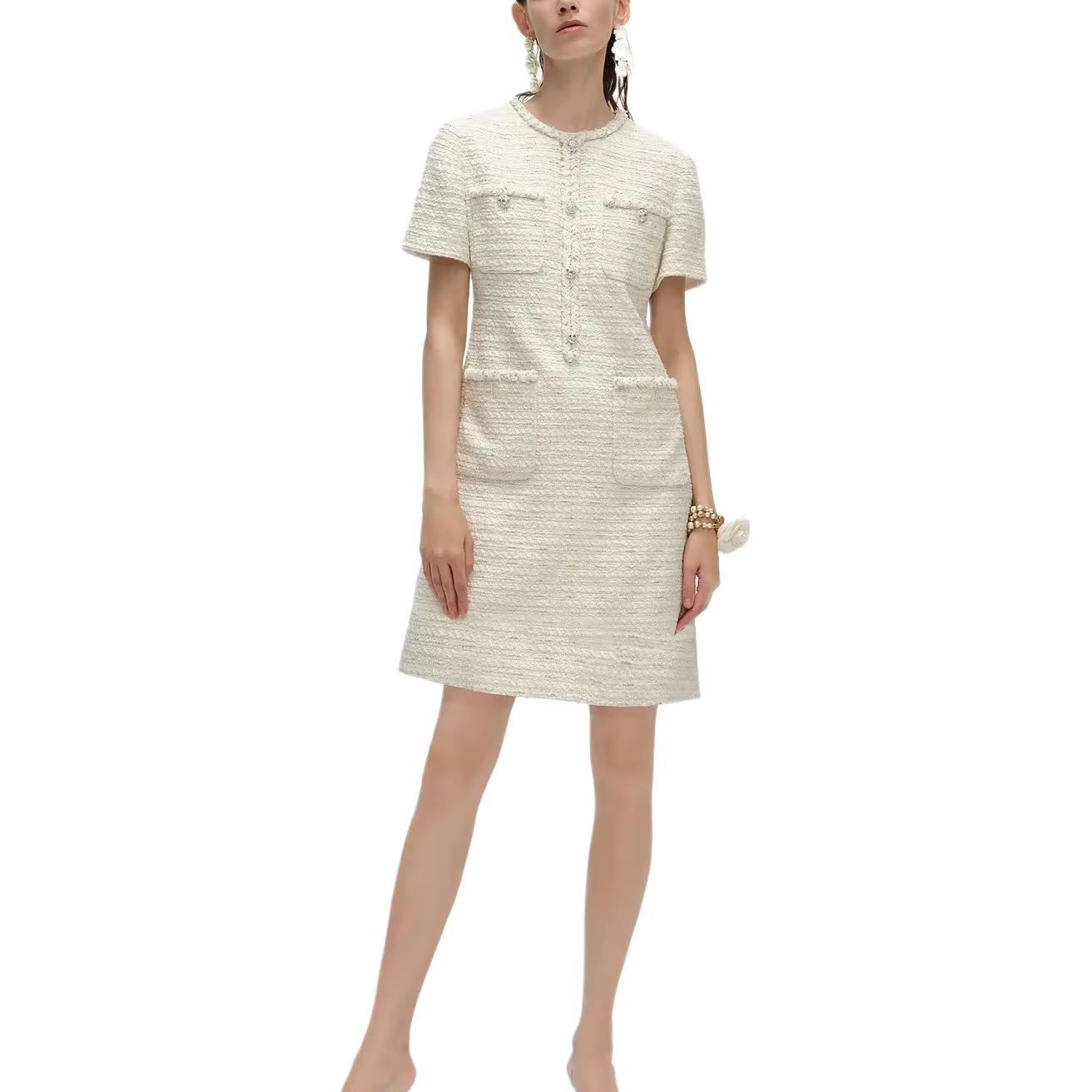 Shop (W) KARL LAGERFELD SS24 Gaun Midi Putih Tweed A-Line Lengan Pendek Kasual 241L1315