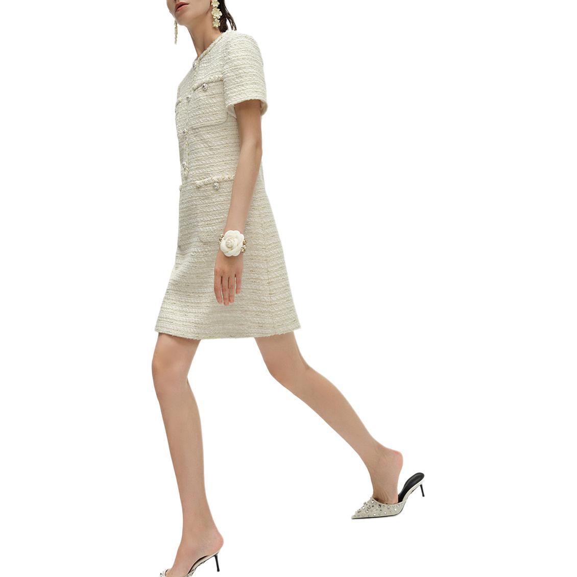 Purchase (W) KARL LAGERFELD SS24 Gaun Midi Putih Tweed A-Line Lengan Pendek Kasual 241L1315