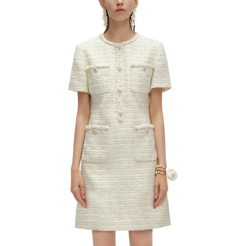 Details for (W) KARL LAGERFELD SS24 Gaun Midi Putih Tweed A-Line Lengan Pendek Kasual 241L1315