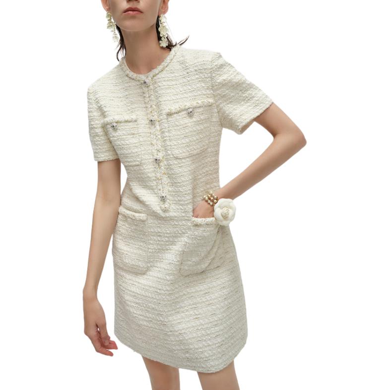 Sizing (W) KARL LAGERFELD SS24 Gaun Midi Putih Tweed A-Line Lengan Pendek Kasual 241L1315