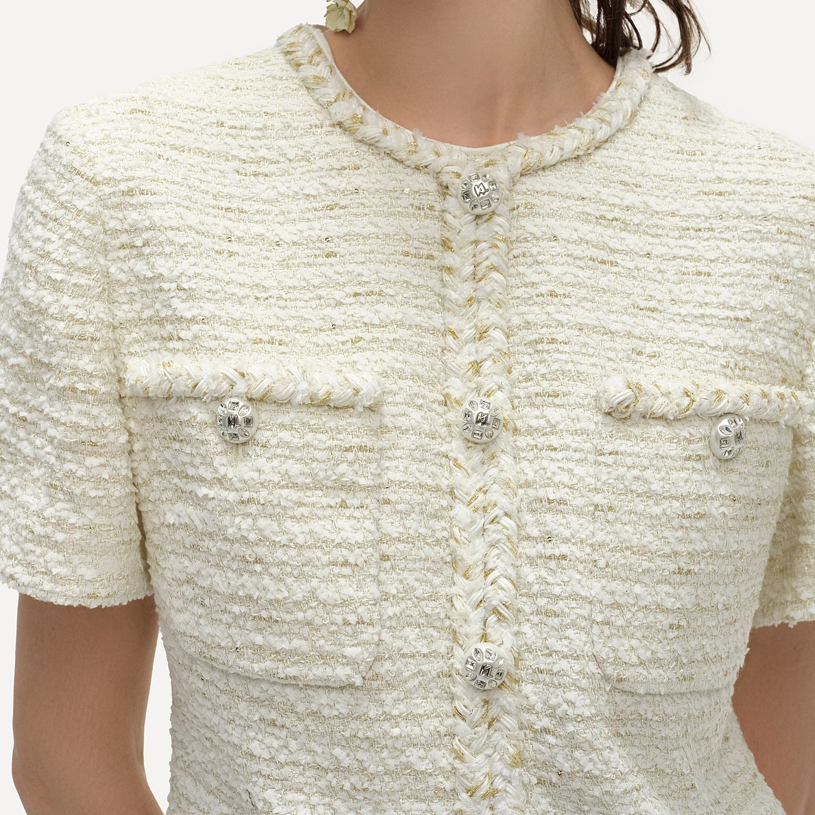 Cheap (W) KARL LAGERFELD SS24 Gaun Midi Putih Tweed A-Line Lengan Pendek Kasual 241L1315