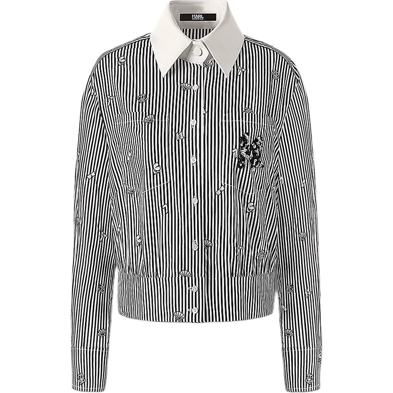 (Women) Karl Lagerfeld  Striped Logo Embroidered Long Sleeve Shirt Black/White. 236L16E5
