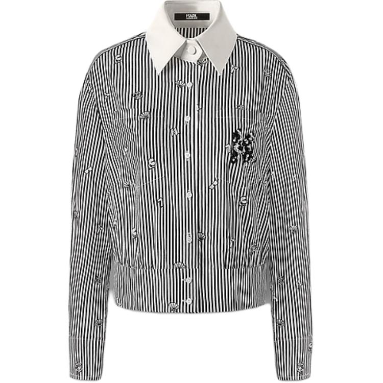 Order (Women) Karl Lagerfeld  Striped Logo Embroidered Long Sleeve Shirt Black/White. 236L16E5