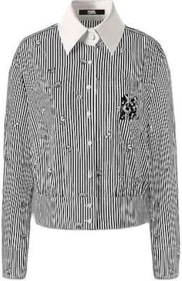 (Women) Karl Lagerfeld Striped Logo Embroidered Long Sleeve Shirt Black/White. 236L16E5 Order (Women) Karl Lagerfeld Striped Logo Embroidered Long Sleeve Shirt Black/White. 236L16E5