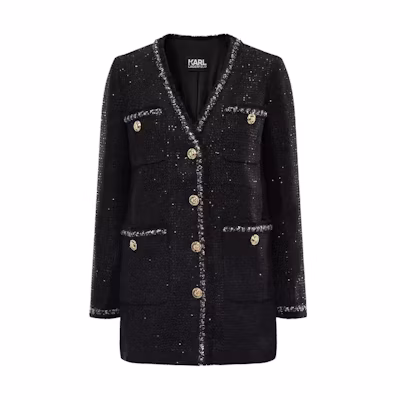 (Women) Karl Lagerfeld Tweed V-Neck Coat Black - Everyday Commuter Style E27L1574