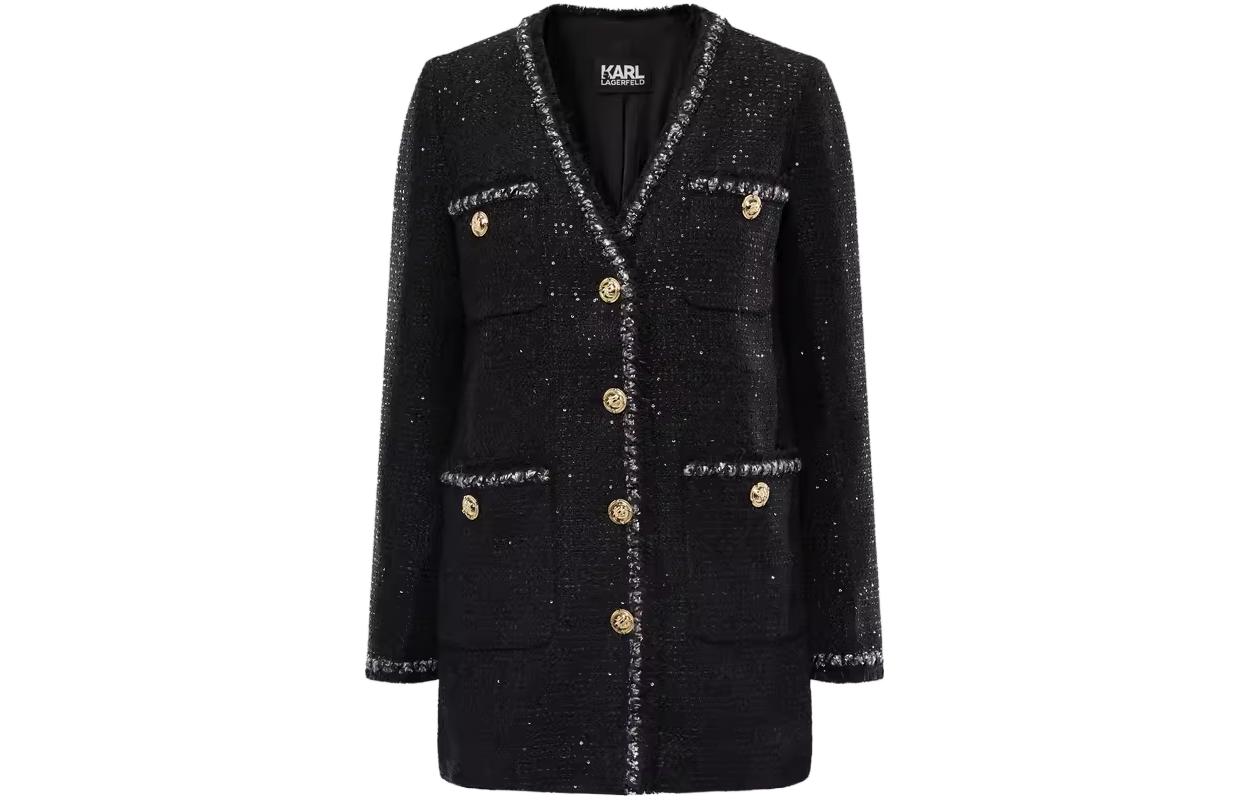 Order (Women) Karl Lagerfeld  Tweed V-Neck Coat Black - Everyday Commuter Style E27L1574