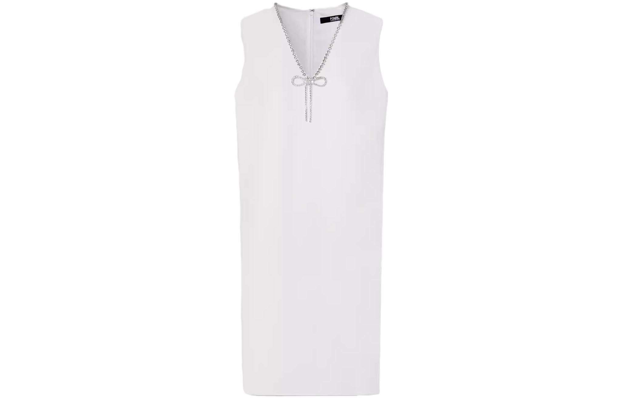 (Women) KARL LAGERFELD  White Bow Crystal V-Neck Sleeveless Dress SS23 E33L1329