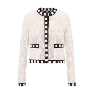 (Women) KARL LAGERFELD White Embroidered Knit Cardigan SS24 Long Sleeve Top. 241L2049