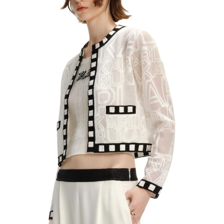 Details for (Women) KARL LAGERFELD  White Embroidered Knit Cardigan SS24 Long Sleeve Top. 241L2049