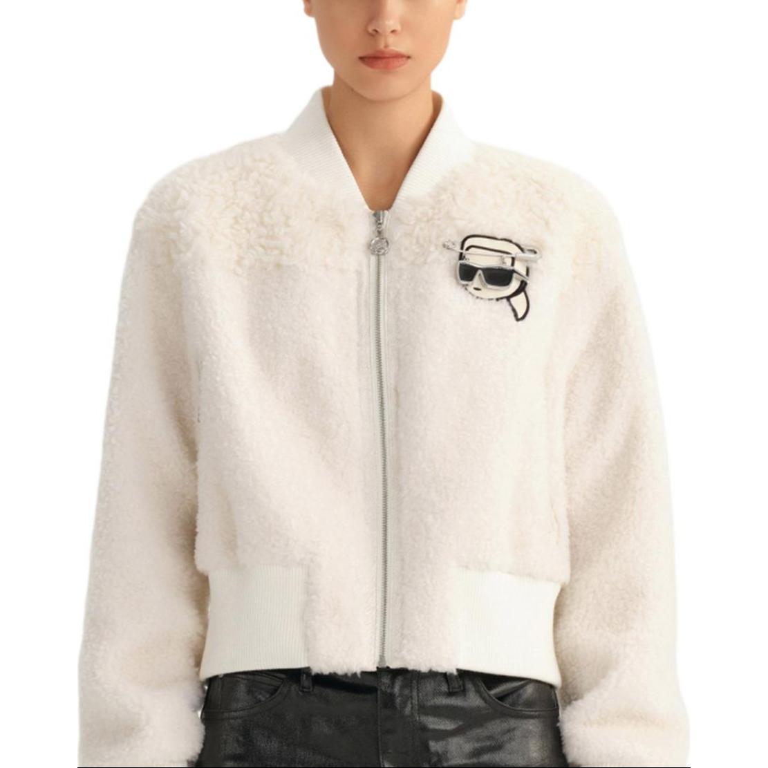 (Women) Karl Lagerfeld  White Graphic Zip-Up Faux Fur Long-Sleeve Jacket 236L1532