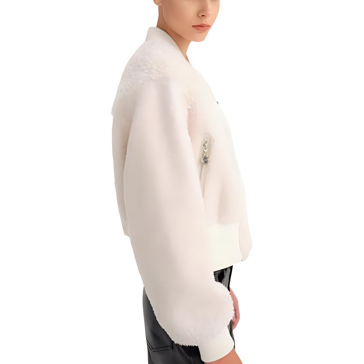 Shop (W) 卡尔拉格斐 白色图案拉链仿皮草长袖外套 236L1532