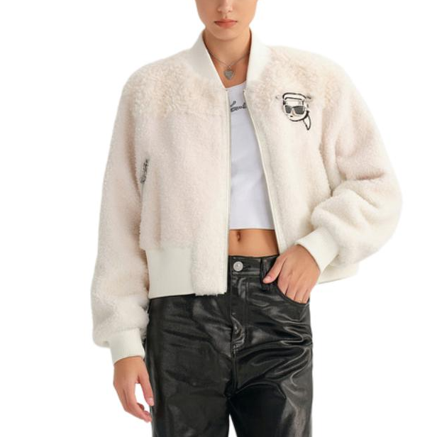 Purchase (W) 卡尔拉格斐 白色图案拉链仿皮草长袖外套 236L1532