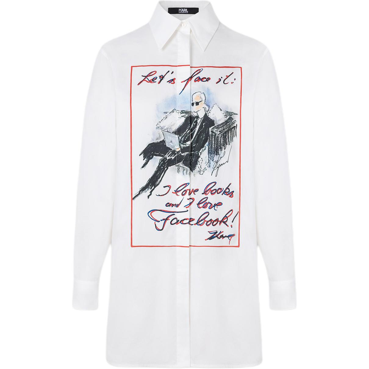 (Women) KARL LAGERFELD  White Logo Print Long Sleeve Button-Up Shirt. 231L1624