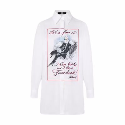 (Women) KARL LAGERFELD White Logo Print Long Sleeve Button-Up Shirt. 231L1624