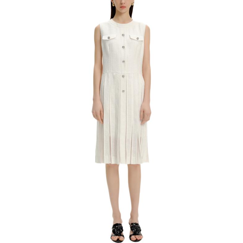 Lookbook (W) 卡尔拉格斐 白色褶皱无袖纽扣中长连衣裙 E42W1376