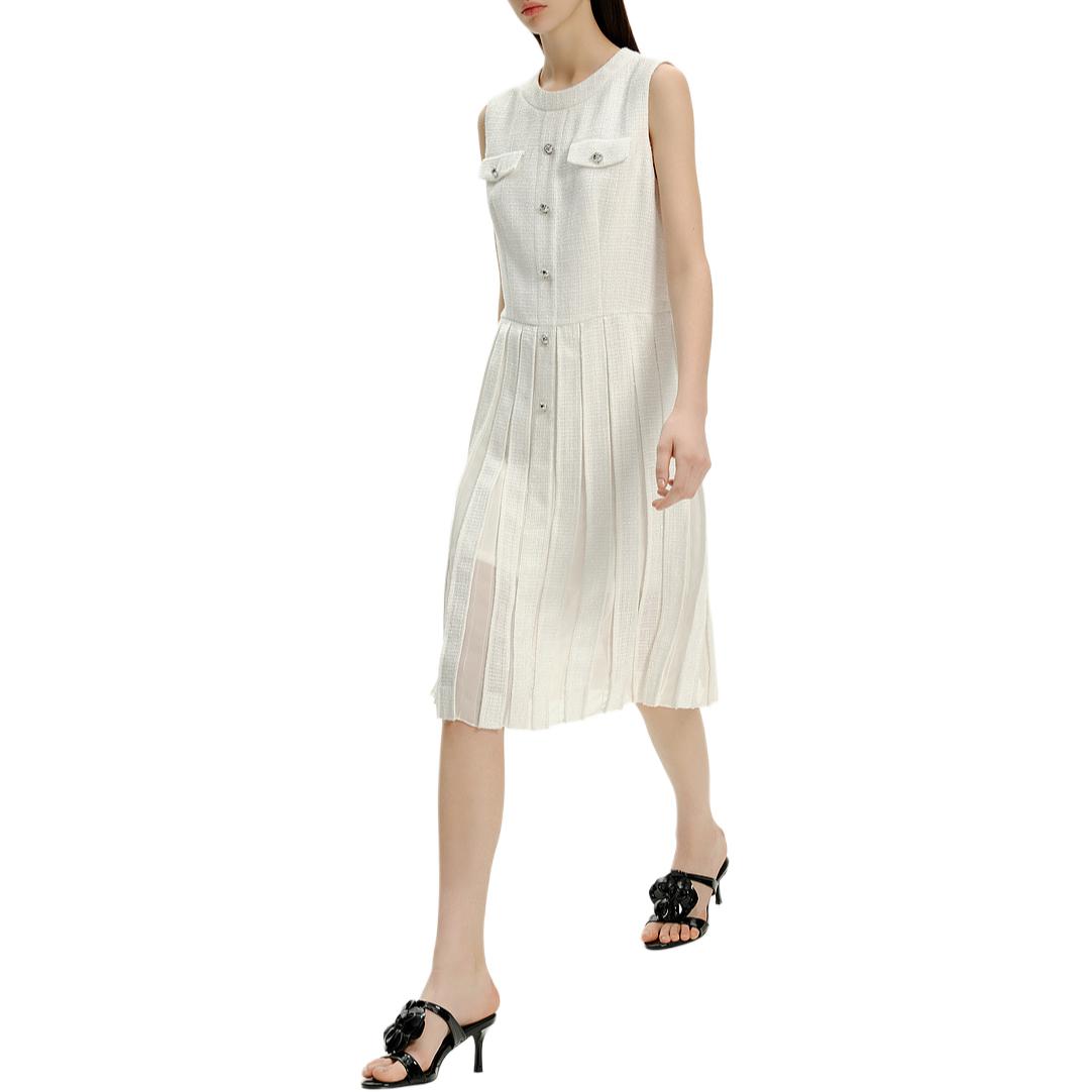 Purchase (W) 卡尔拉格斐 白色褶皱无袖纽扣中长连衣裙 E42W1376