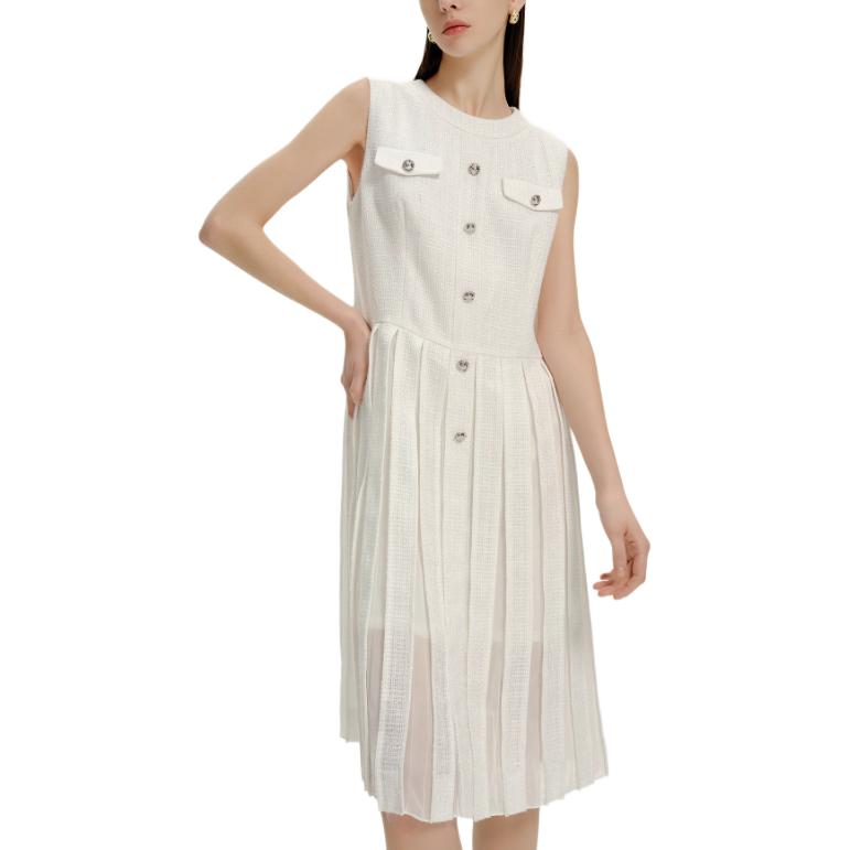 Details for (W) 卡尔拉格斐 白色褶皱无袖纽扣中长连衣裙 E42W1376