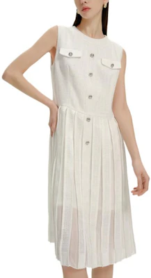 (W) 卡尔拉格斐 白色褶皱无袖纽扣中长连衣裙 E42W1376 Details for (W) 卡尔拉格斐 白色褶皱无袖纽扣中长连衣裙 E42W1376