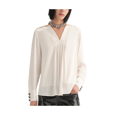 (Women) KARL LAGERFELD White Pleated V-Neck Long Sleeve Shirt for Daily Wear 236L1603