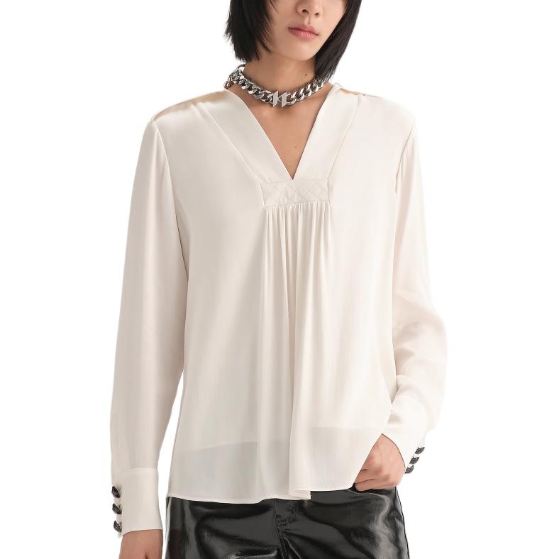 Order (Women) KARL LAGERFELD  White Pleated V-Neck Long Sleeve Shirt for Daily Wear 236L1603