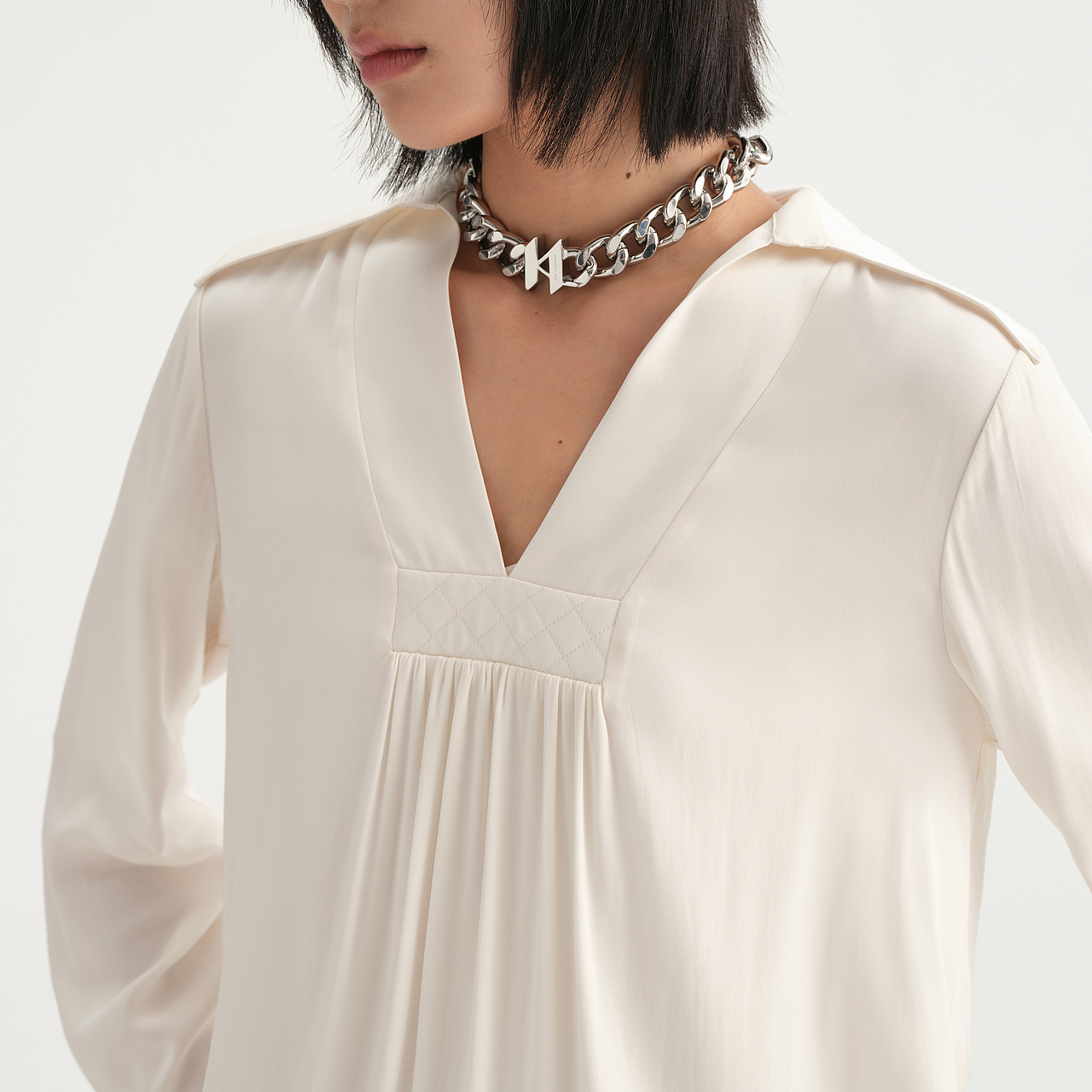 Details for (Women) KARL LAGERFELD  White Pleated V-Neck Long Sleeve Shirt for Daily Wear 236L1603