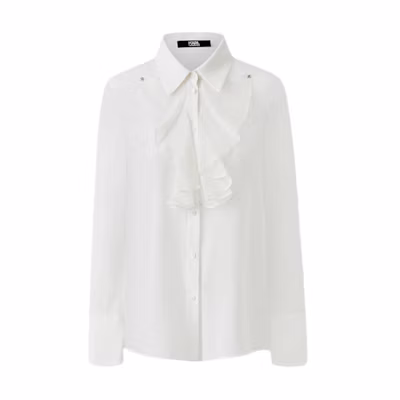 (Women) KARL LAGERFELD White Ruffle Collar Long Sleeve Casual Shirt. 241L1606