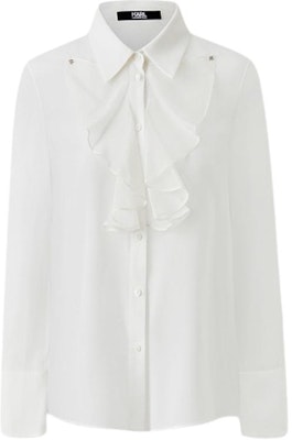 (Women) KARL LAGERFELD White Ruffle Collar Long Sleeve Casual Shirt. 241L1606 Order (Women) KARL LAGERFELD White Ruffle Collar Long Sleeve Casual Shirt. 241L1606