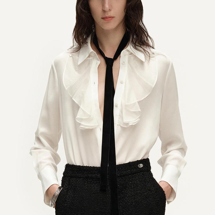 Shop (Women) KARL LAGERFELD  White Ruffle Collar Long Sleeve Casual Shirt. 241L1606