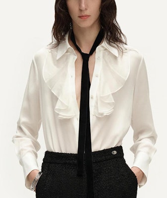 (Women) KARL LAGERFELD White Ruffle Collar Long Sleeve Casual Shirt. 241L1606 Shop (Women) KARL LAGERFELD White Ruffle Collar Long Sleeve Casual Shirt. 241L1606