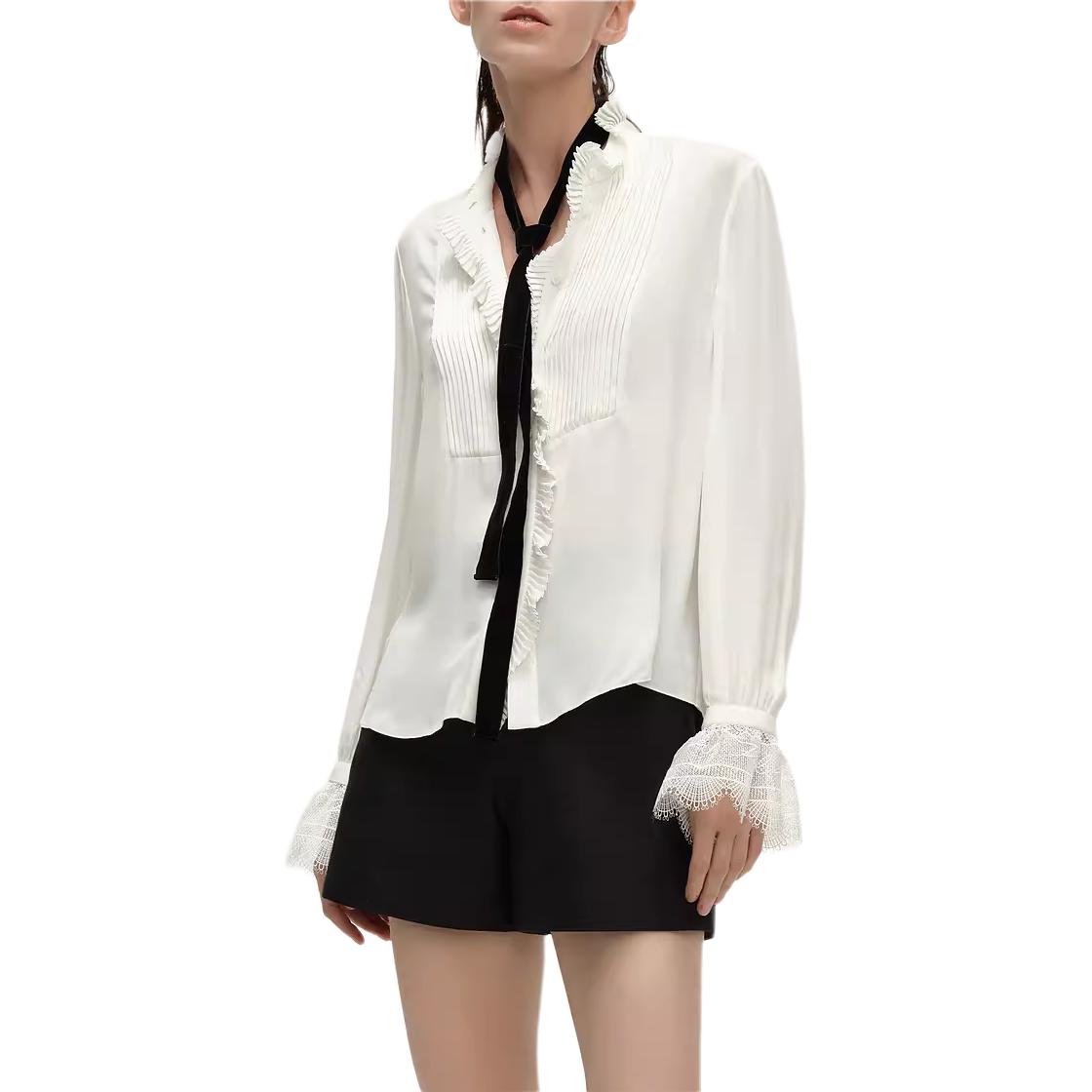 Shop (Women) Karl Lagerfeld  White Ruffle Collar Slim Fit Long Sleeve Shirt 241L1605