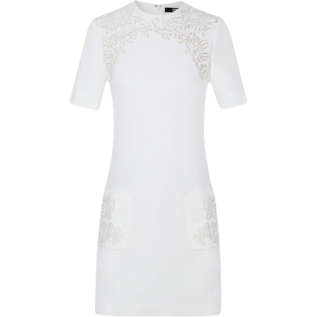 (Women) KARL LAGERFELD  White Slim-Fit Hollow Pattern Short-Sleeve Dress 231L1393