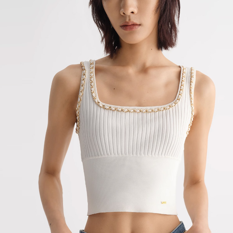 Shop (Women) Karl Lagerfeld  White Square Neck Pullover Tank with Metal Chain Detail 231L2057
