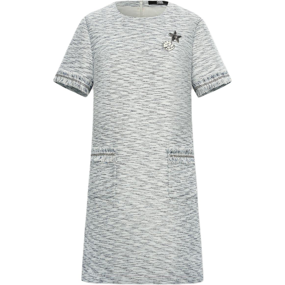 (Women) KARL LAGERFELD  White Striped Tweed Short Sleeve Short Dress. 241L1319