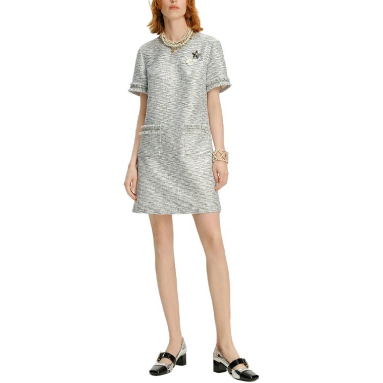 Lookbook (W) KARL LAGERFELD Gaun Pendek Tweed Bergaris Putih Lengan Pendek. 241L1319