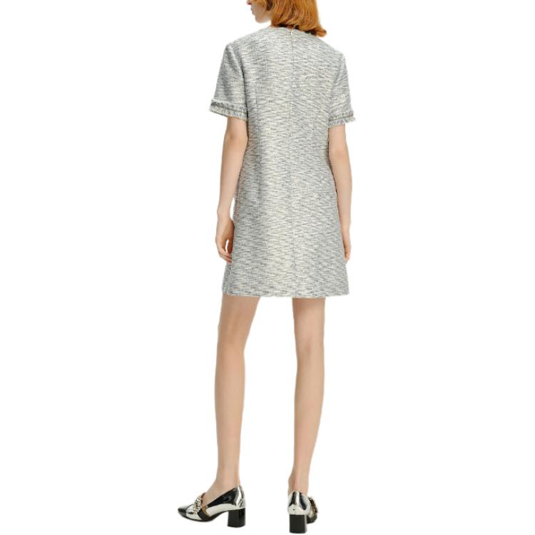 Shop (W) KARL LAGERFELD Gaun Pendek Tweed Bergaris Putih Lengan Pendek. 241L1319