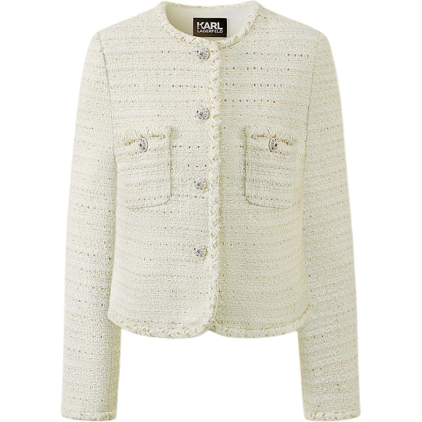 (Women) KARL LAGERFELD  White Tweed Button-Up Jacket - Urban Luxury Style. 241L1401