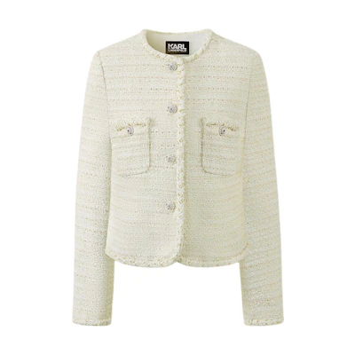 (Women) KARL LAGERFELD White Tweed Button-Up Jacket - Urban Luxury Style. 241L1401