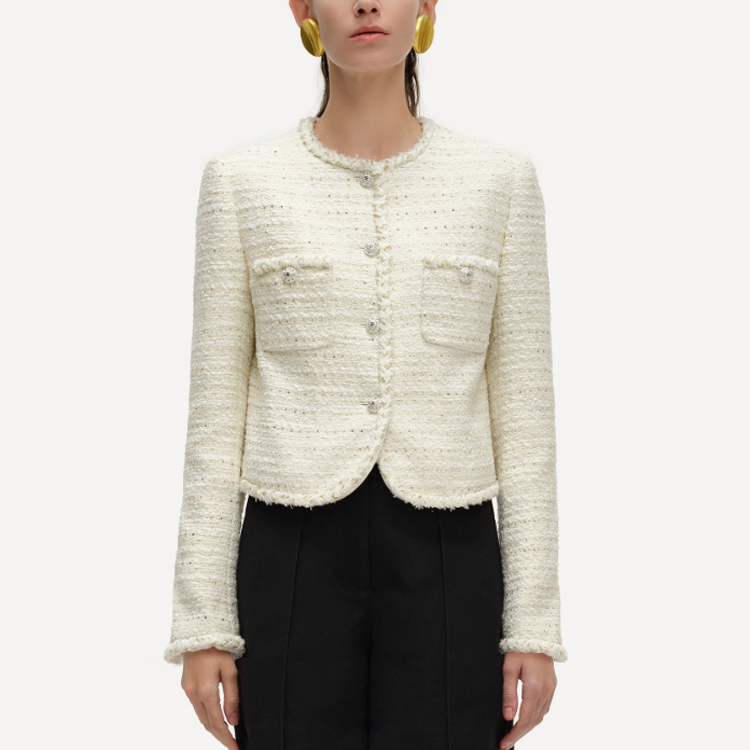 Lookbook (W) カール ラガーフェルド ホワイト ツイード ボタンアップ ジャケット - アーバン ラグジュアリー スタイル 241L1401