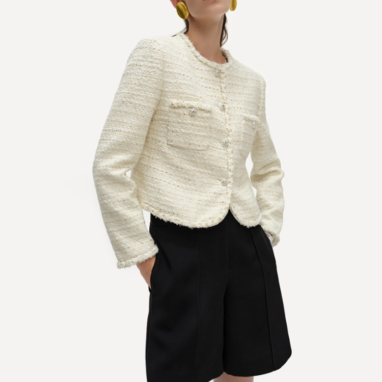 Cheap (W) カール ラガーフェルド ホワイト ツイード ボタンアップ ジャケット - アーバン ラグジュアリー スタイル 241L1401