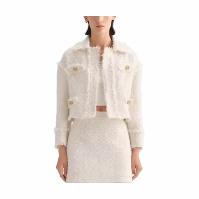 (Women) KARL LAGERFELD White Tweed Cropped Jacket Casual Commute Style. 236L14E5